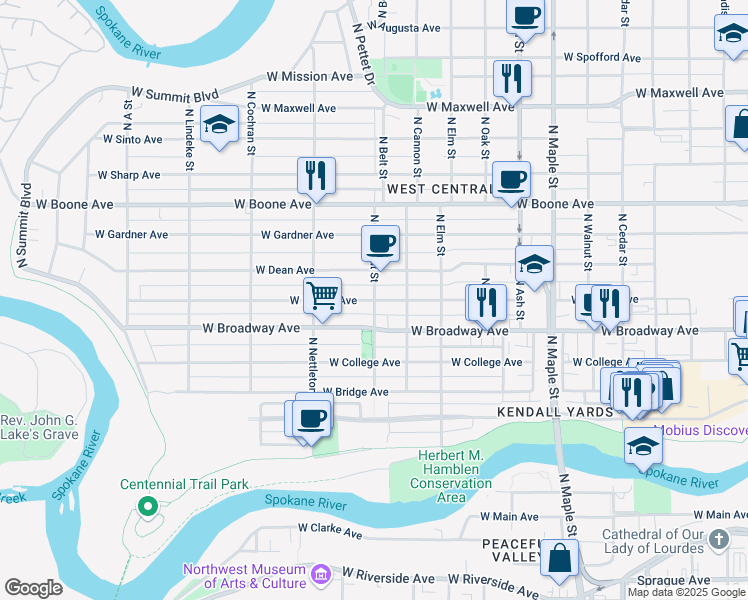 map of restaurants, bars, coffee shops, grocery stores, and more near W Mallon Ave & N Chestnut St in Spokane