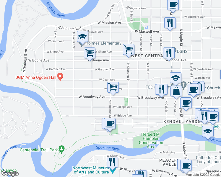 map of restaurants, bars, coffee shops, grocery stores, and more near N Nettleton St & W Mallon Ave in Spokane