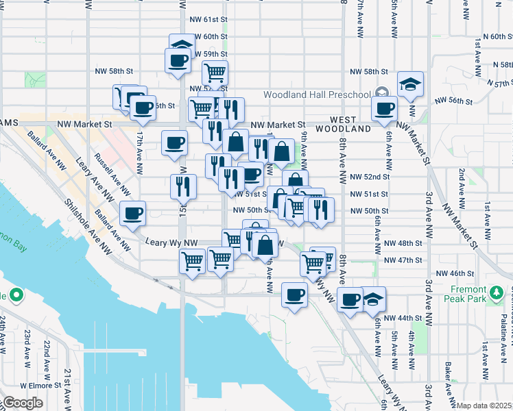 map of restaurants, bars, coffee shops, grocery stores, and more near 1115 Northwest 51st Street in Seattle