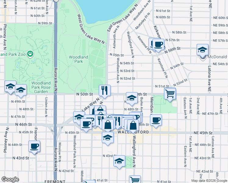 map of restaurants, bars, coffee shops, grocery stores, and more near 5014 Woodlawn Avenue North in Seattle