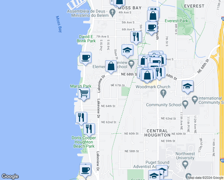 map of restaurants, bars, coffee shops, grocery stores, and more near 6526 102nd Place Northeast in Kirkland
