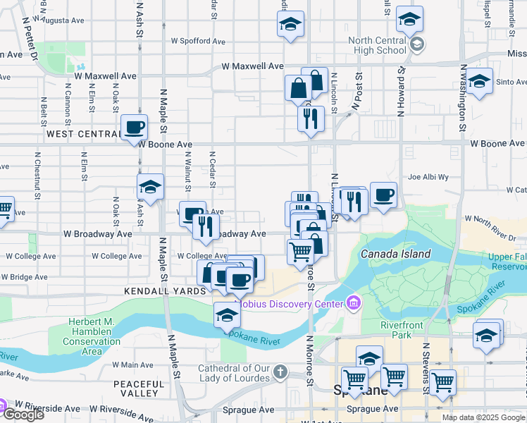 map of restaurants, bars, coffee shops, grocery stores, and more near in Spokane