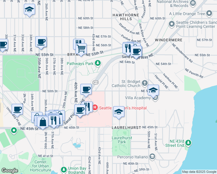 map of restaurants, bars, coffee shops, grocery stores, and more near 5014 44th Avenue Northeast in Seattle