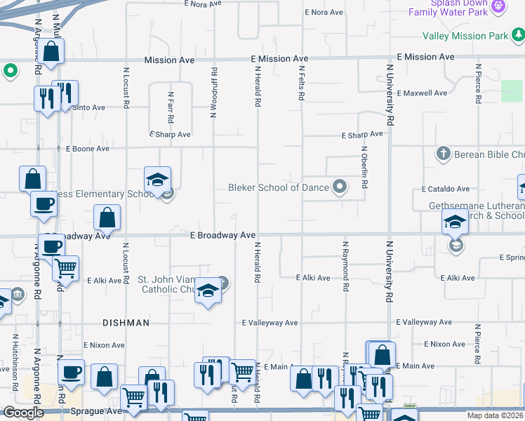 map of restaurants, bars, coffee shops, grocery stores, and more near 910 North Herald Road in Spokane Valley