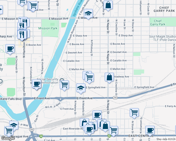 map of restaurants, bars, coffee shops, grocery stores, and more near 1700 East Mallon Avenue in Spokane