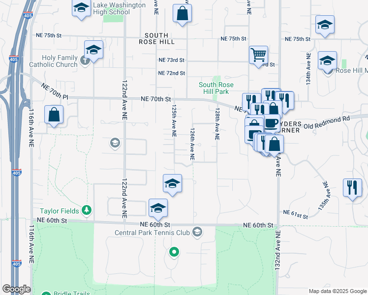 map of restaurants, bars, coffee shops, grocery stores, and more near 6611 126th Avenue Northeast in Kirkland