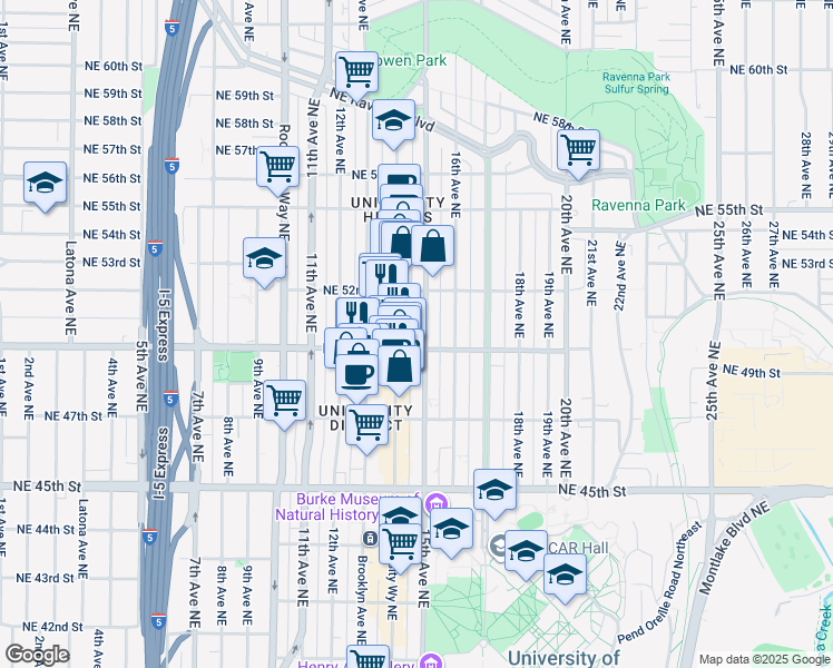 map of restaurants, bars, coffee shops, grocery stores, and more near 5006 University Way Northeast in Seattle