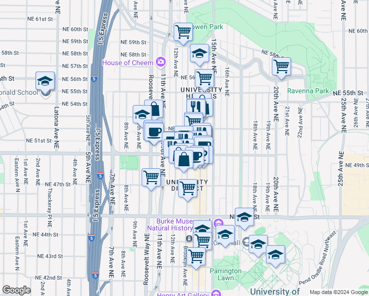 map of restaurants, bars, coffee shops, grocery stores, and more near 5021 Brooklyn Avenue Northeast in Seattle