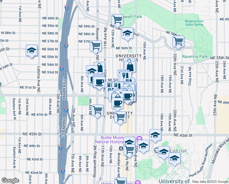 map of restaurants, bars, coffee shops, grocery stores, and more near 5021 Brooklyn Avenue Northeast in Seattle