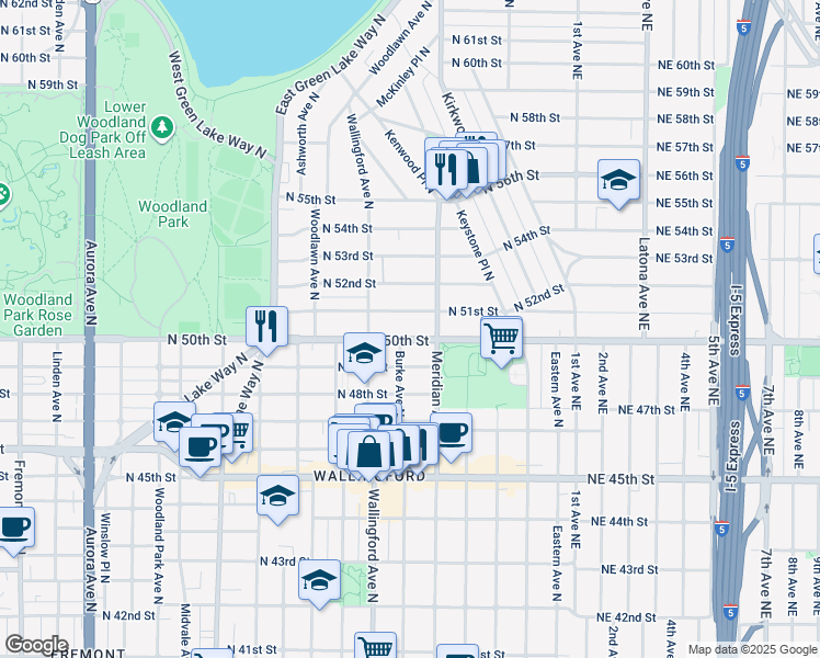 map of restaurants, bars, coffee shops, grocery stores, and more near 1819 North 51st Street in Seattle