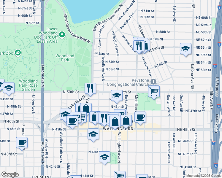 map of restaurants, bars, coffee shops, grocery stores, and more near 1631 North 51st Street in Seattle