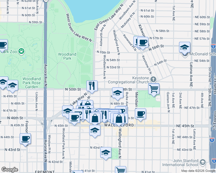 map of restaurants, bars, coffee shops, grocery stores, and more near 5014 Woodlawn Avenue North in Seattle