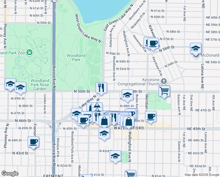 map of restaurants, bars, coffee shops, grocery stores, and more near 5014 Woodlawn Avenue North in Seattle