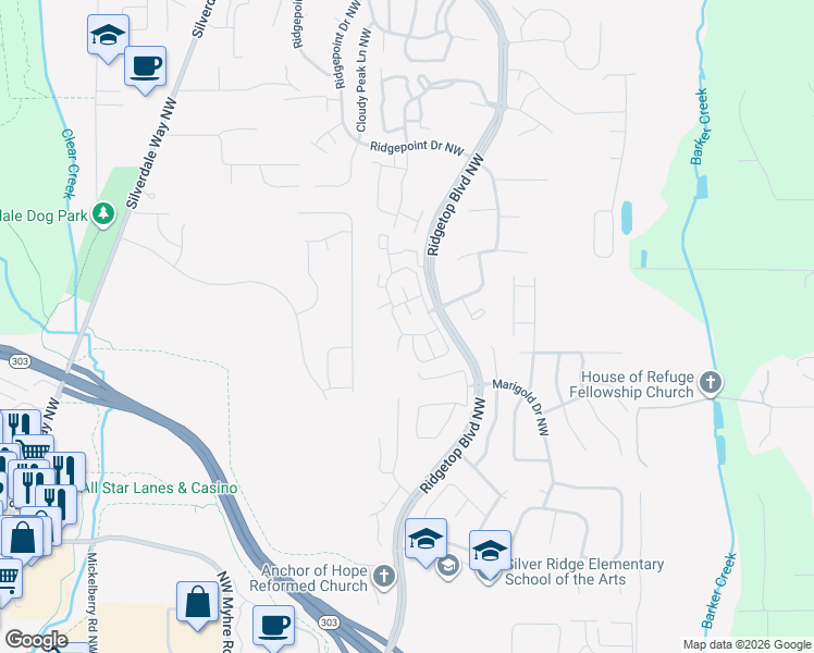 map of restaurants, bars, coffee shops, grocery stores, and more near 1415 Northwest Santa Fe Lane in Silverdale