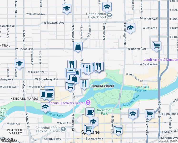 map of restaurants, bars, coffee shops, grocery stores, and more near 720 West Mallon Avenue in Spokane