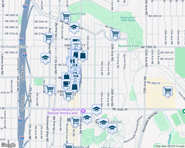 map of restaurants, bars, coffee shops, grocery stores, and more near in Seattle