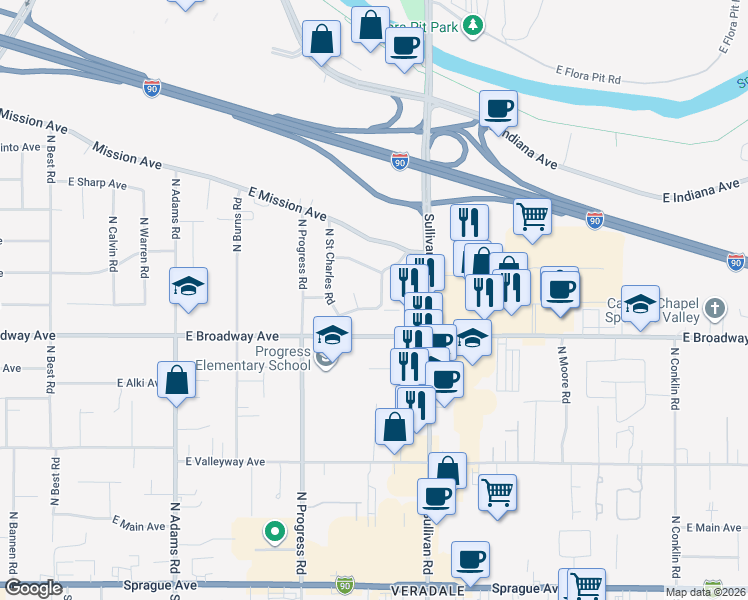 map of restaurants, bars, coffee shops, grocery stores, and more near 908 North Ravalli Court in Spokane Valley