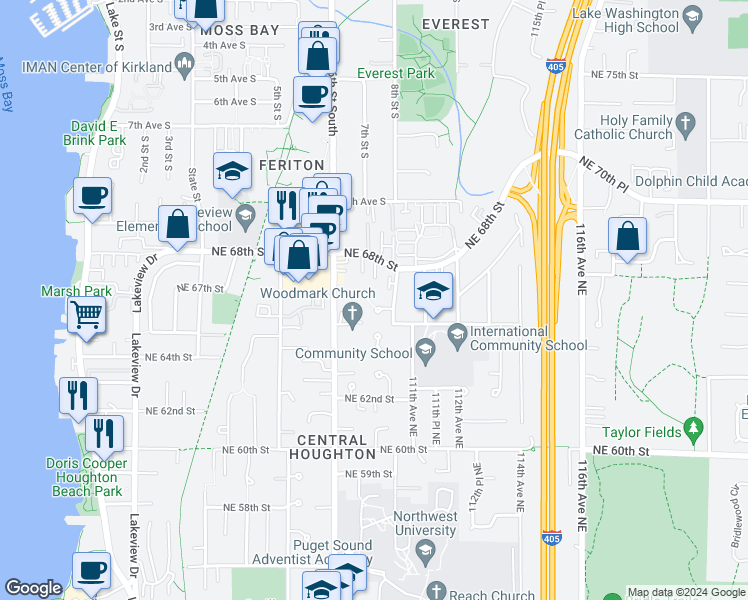 map of restaurants, bars, coffee shops, grocery stores, and more near 10910 Northeast 66th Place in Kirkland