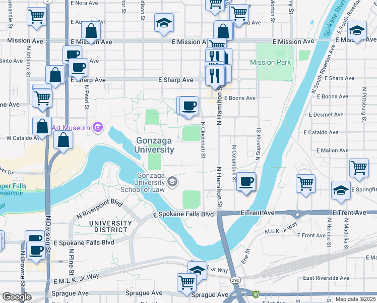 map of restaurants, bars, coffee shops, grocery stores, and more near 801 North Cincinnati Street in Spokane