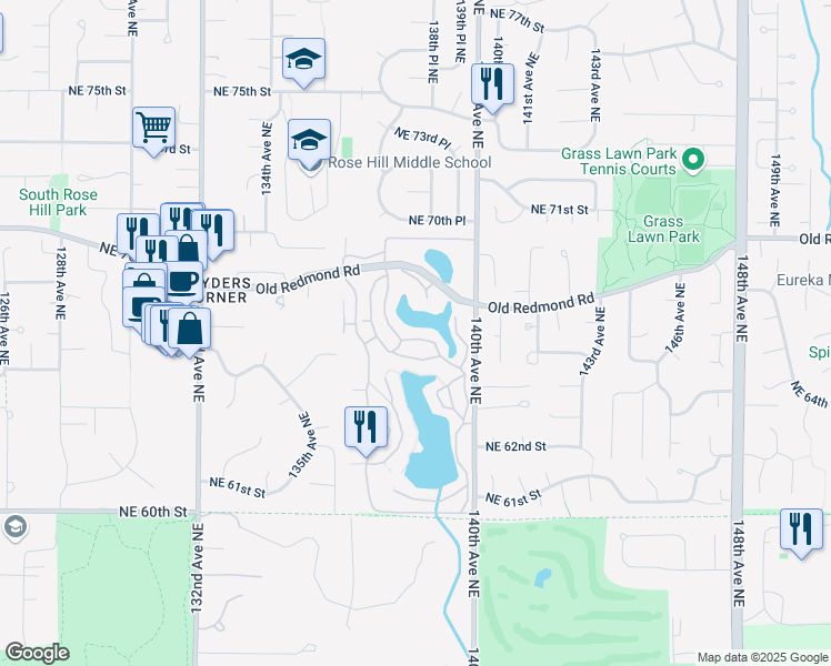 map of restaurants, bars, coffee shops, grocery stores, and more near 13832 Northeast 66th Street in Redmond