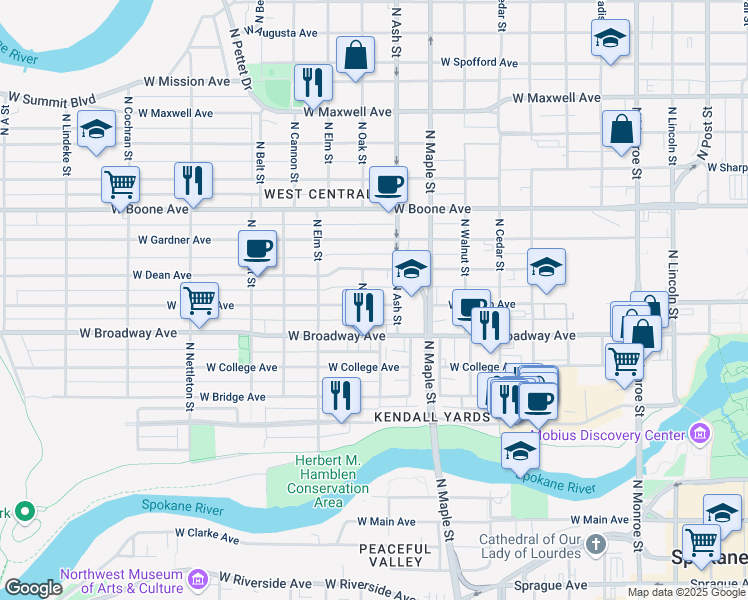map of restaurants, bars, coffee shops, grocery stores, and more near 1724 West Mallon Avenue in Spokane