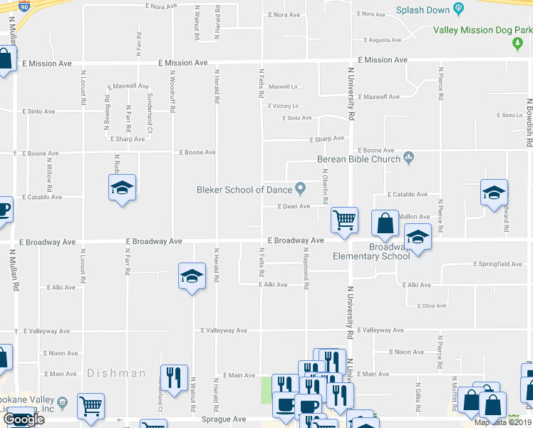 map of restaurants, bars, coffee shops, grocery stores, and more near 905 North Felts Road in Spokane Valley