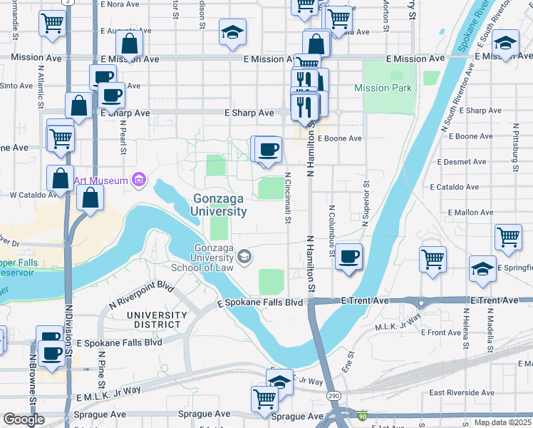 map of restaurants, bars, coffee shops, grocery stores, and more near 801 North Cincinnati Street in Spokane