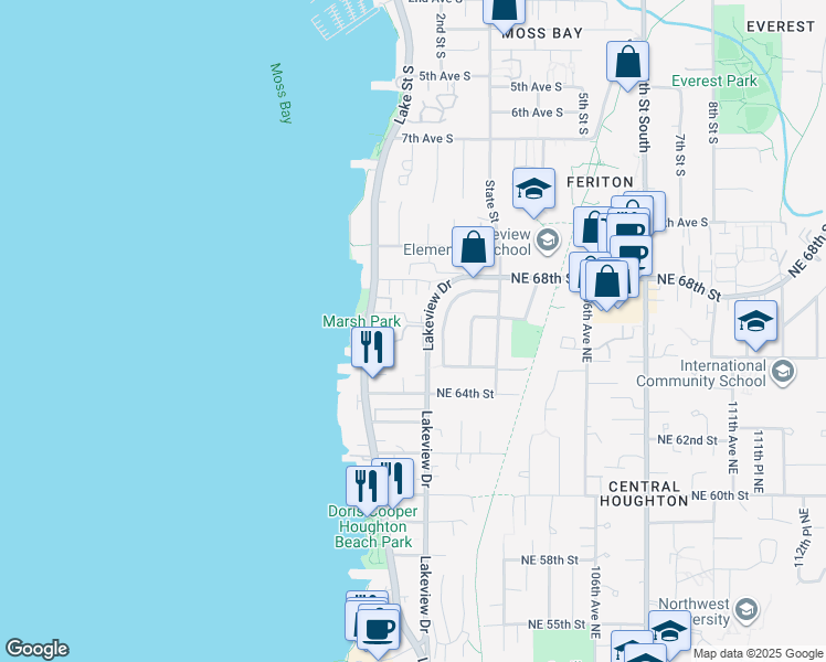 map of restaurants, bars, coffee shops, grocery stores, and more near 10133 Northeast 66th Lane in Kirkland