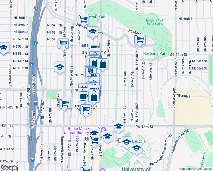 map of restaurants, bars, coffee shops, grocery stores, and more near 5018 16th Avenue Northeast in Seattle