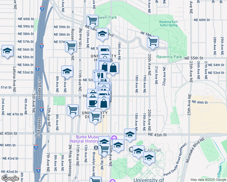map of restaurants, bars, coffee shops, grocery stores, and more near 5018 16th Avenue Northeast in Seattle