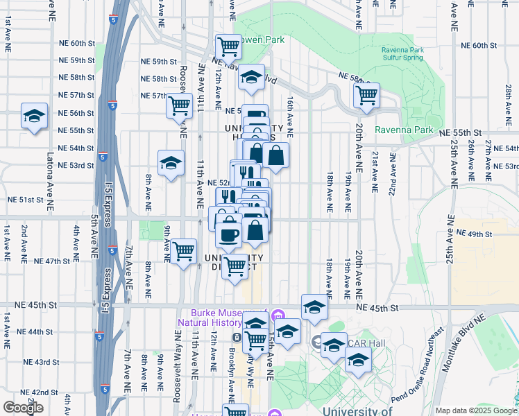map of restaurants, bars, coffee shops, grocery stores, and more near 5006 University Way Northeast in Seattle