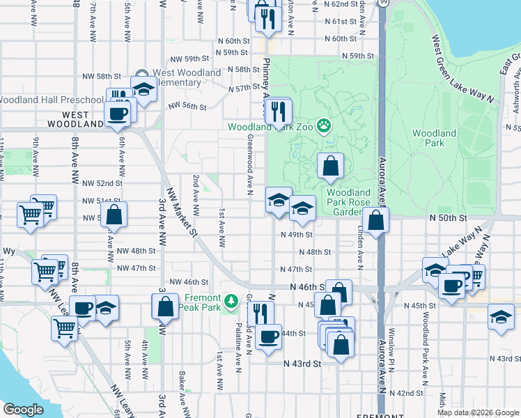 map of restaurants, bars, coffee shops, grocery stores, and more near 5014 Greenwood Avenue North in Seattle