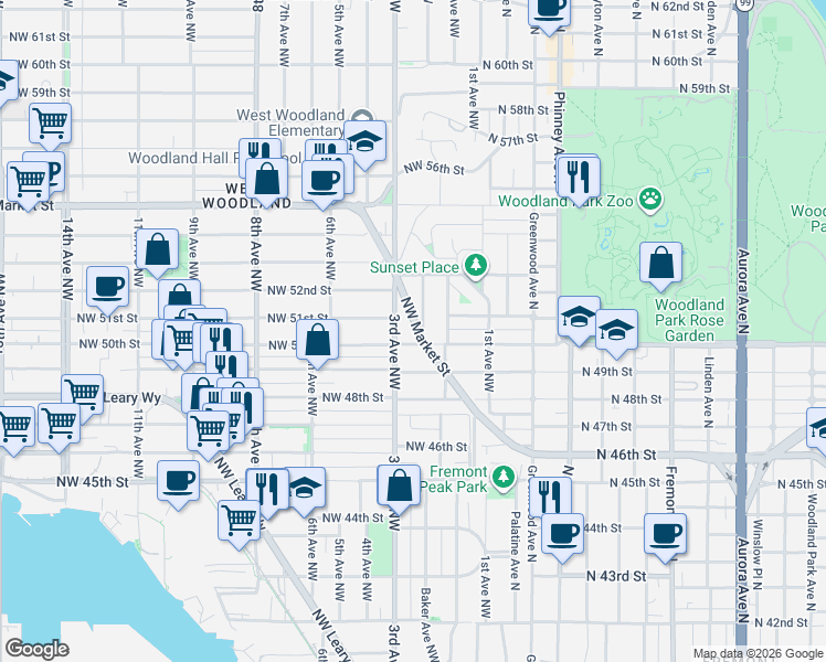 map of restaurants, bars, coffee shops, grocery stores, and more near 5012 Baker Avenue Northwest in Seattle