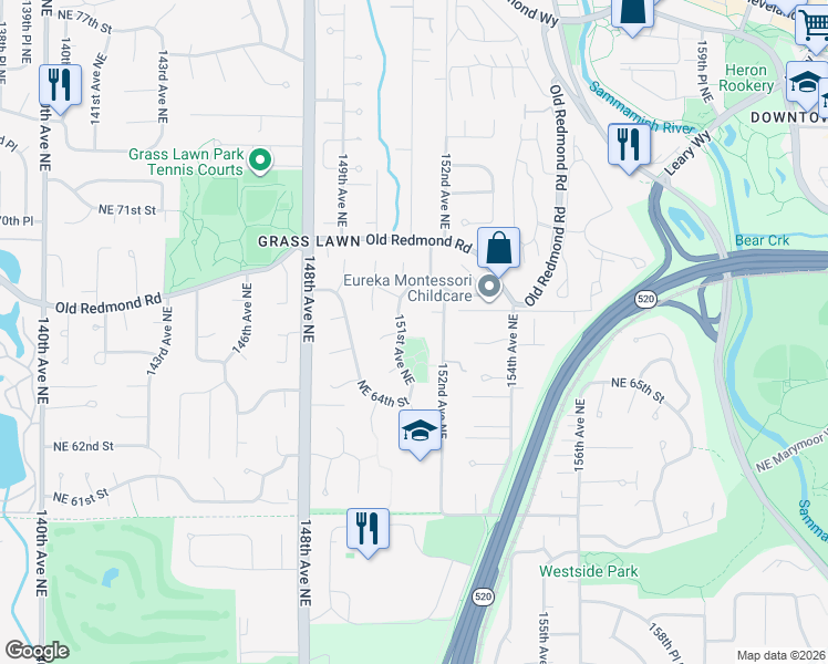 map of restaurants, bars, coffee shops, grocery stores, and more near 6620 151st Avenue Northeast in Redmond