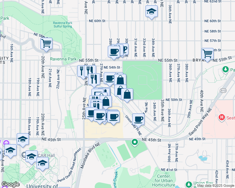 map of restaurants, bars, coffee shops, grocery stores, and more near 2909 Northeast Blakeley Street in Seattle