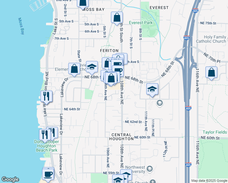 map of restaurants, bars, coffee shops, grocery stores, and more near 10704 Northeast 65th Lane in Kirkland