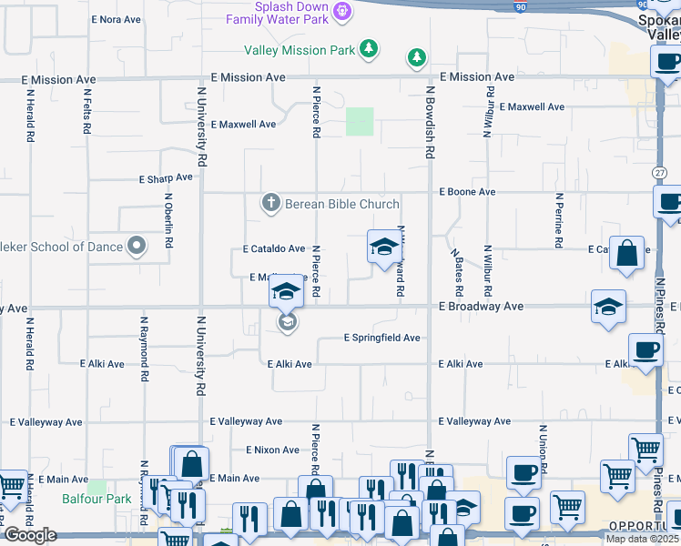 map of restaurants, bars, coffee shops, grocery stores, and more near 907 Johnson Court in Spokane Valley