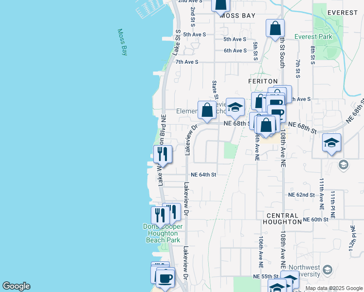 map of restaurants, bars, coffee shops, grocery stores, and more near 10133 Northeast 66th Lane in Kirkland