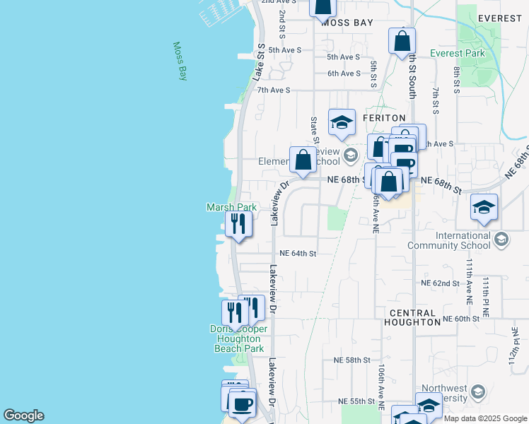 map of restaurants, bars, coffee shops, grocery stores, and more near 10133 Northeast 66th Lane in Kirkland