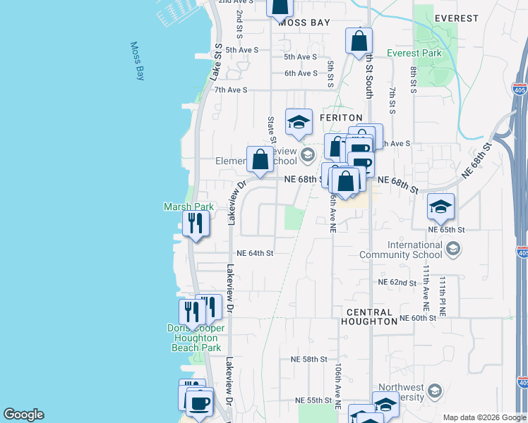 map of restaurants, bars, coffee shops, grocery stores, and more near 6530 102nd Place Northeast in Kirkland