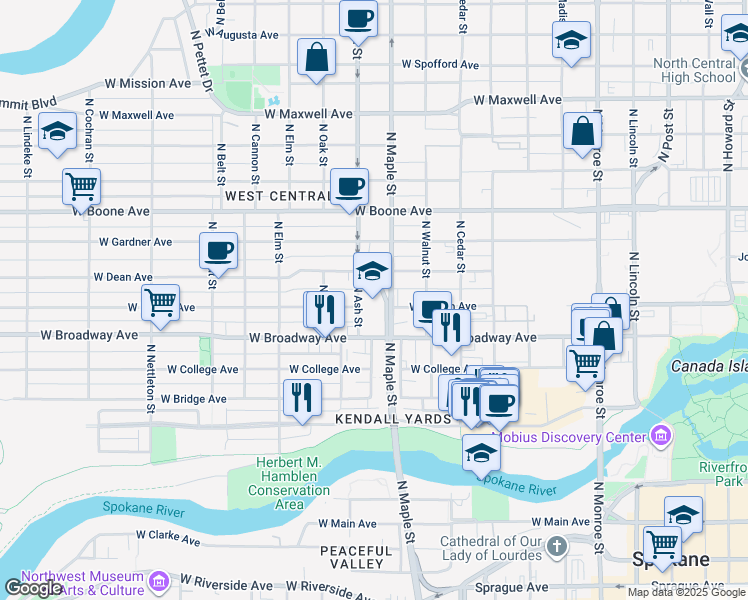 map of restaurants, bars, coffee shops, grocery stores, and more near 1600 West Mallon Avenue in Spokane