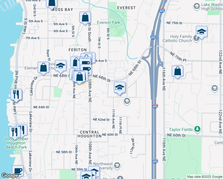 map of restaurants, bars, coffee shops, grocery stores, and more near 6608 110th Avenue Northeast in Kirkland