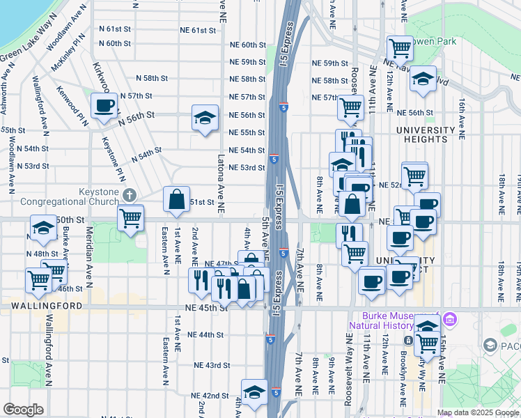 map of restaurants, bars, coffee shops, grocery stores, and more near 349 Northeast 51st Street in Seattle