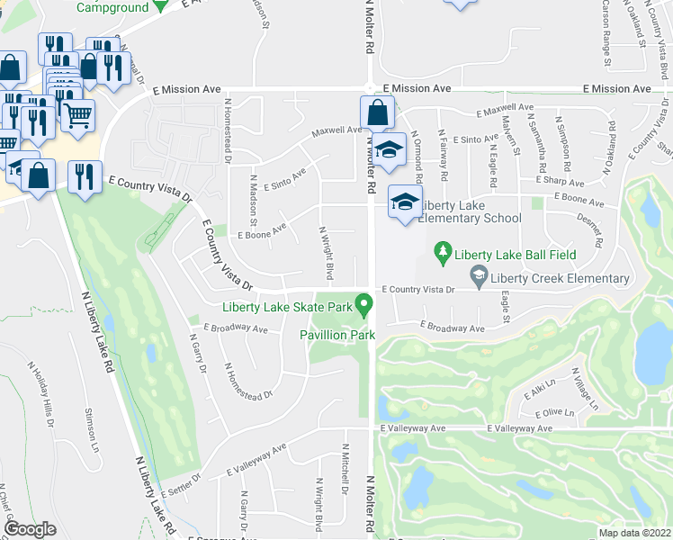 map of restaurants, bars, coffee shops, grocery stores, and more near 912 North Wright Boulevard in Liberty Lake