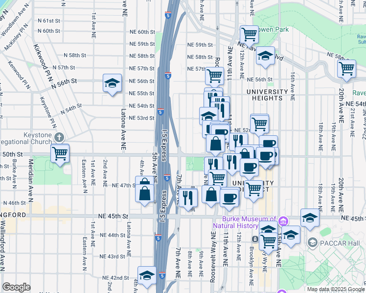 map of restaurants, bars, coffee shops, grocery stores, and more near 5016 7th Avenue Northeast in Seattle