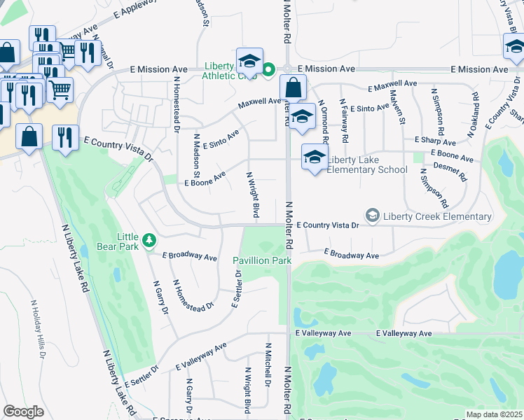 map of restaurants, bars, coffee shops, grocery stores, and more near 912 North Wright Boulevard in Liberty Lake