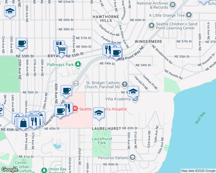 map of restaurants, bars, coffee shops, grocery stores, and more near 5020 47th Avenue Northeast in Seattle