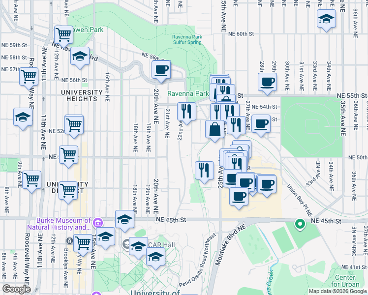 map of restaurants, bars, coffee shops, grocery stores, and more near 5020 22nd Avenue Northeast in Seattle