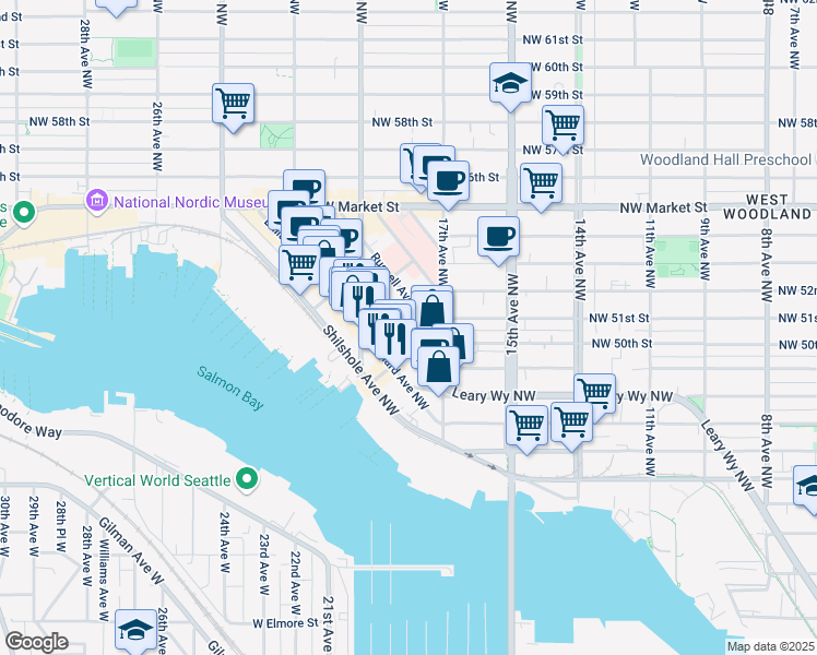 map of restaurants, bars, coffee shops, grocery stores, and more near 5126 Leary Avenue Northwest in Seattle