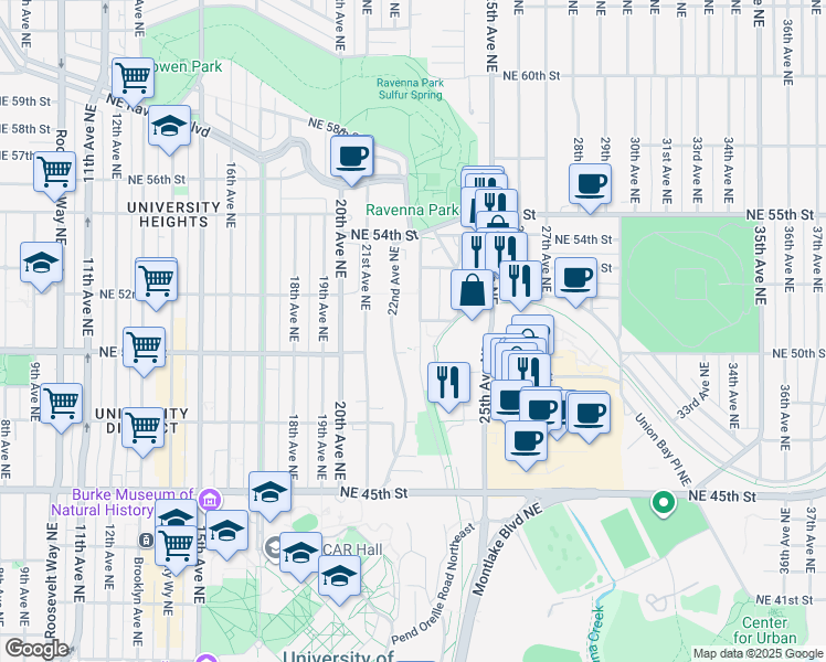 map of restaurants, bars, coffee shops, grocery stores, and more near 5009 Ravenna Avenue Northeast in Seattle